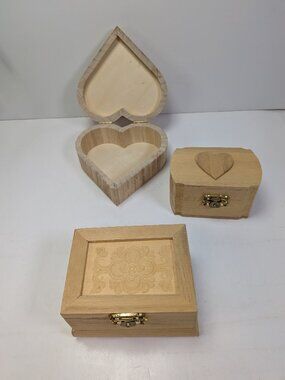 VTG Wood Trinket Box Set Carved Rectangle Heart Jewelry Storage Lot Cottagecore